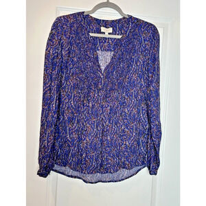 Lucky Brand Shirt Size L Purple Blue Peasant BOHO Floral Blouse High Low Hem